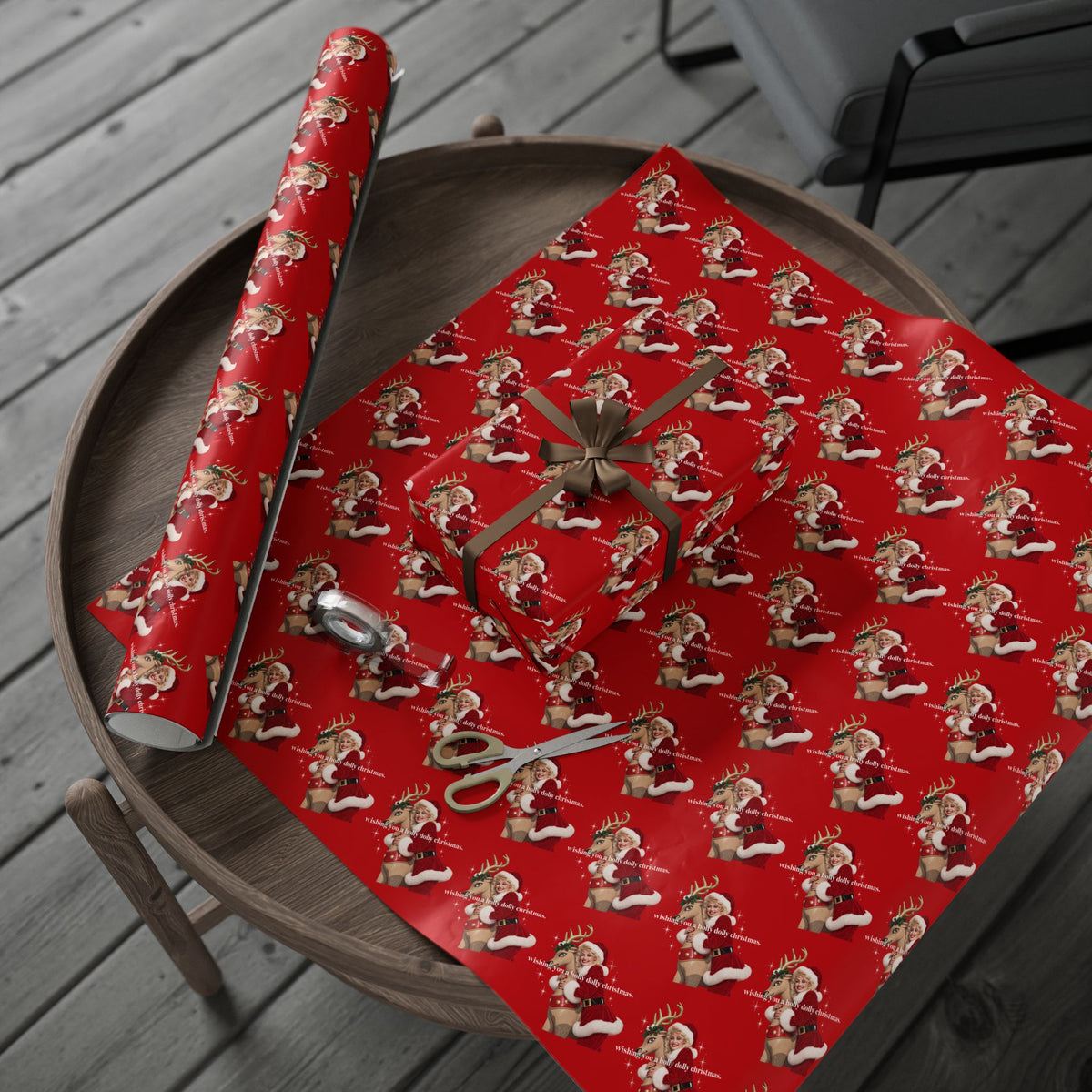 Wishing You A Holly Dolly Christmas Reindeer Wrapping Paper | Red Holiday Christmas Paper