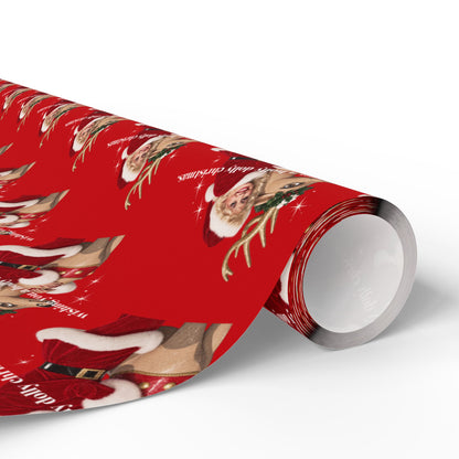Wishing You A Holly Dolly Christmas Reindeer Wrapping Paper | Red Holiday Christmas Paper
