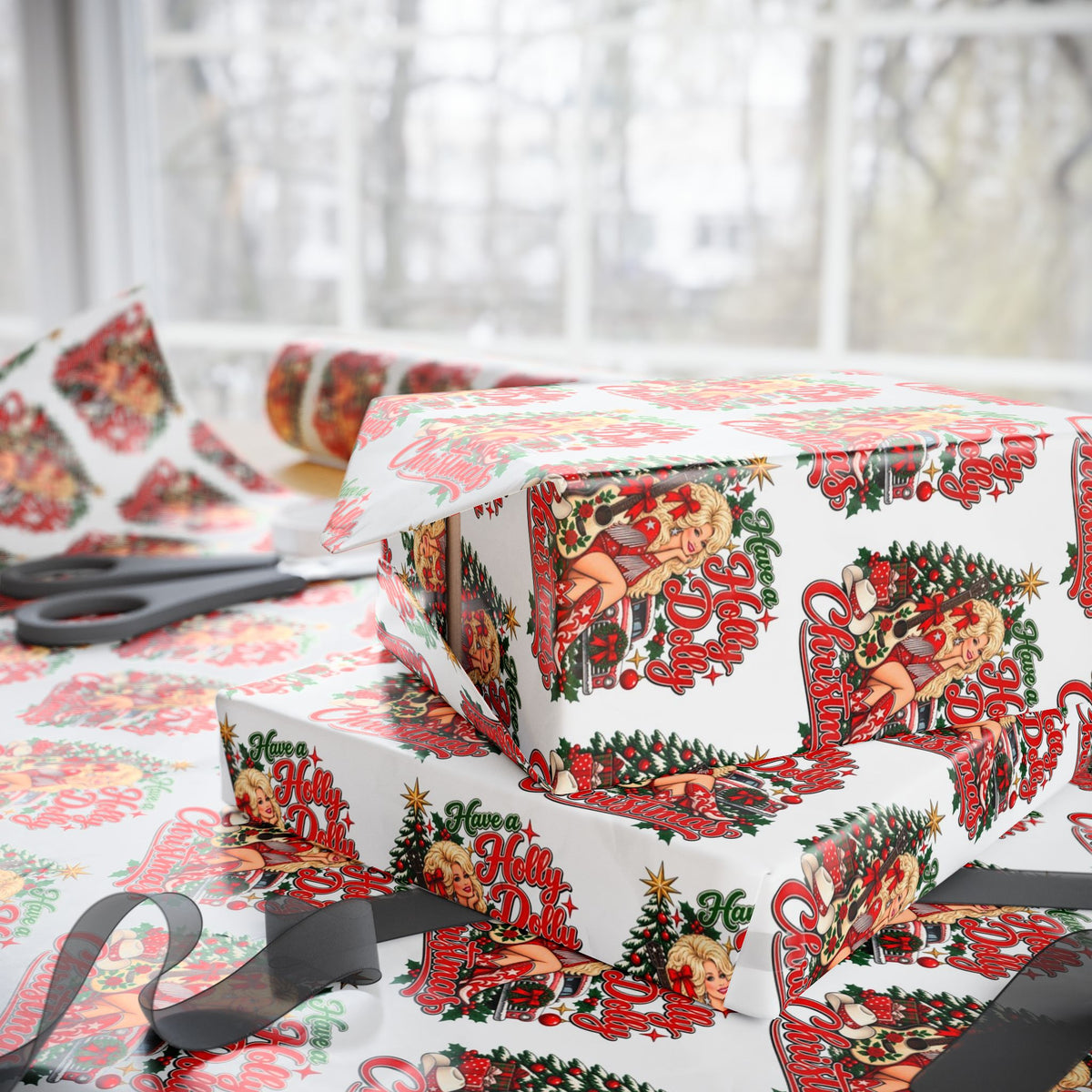 Holly Dolly Country Christmas Cowgirl Wrapping Paper | Christmas Holiday Gift Wrap Roll