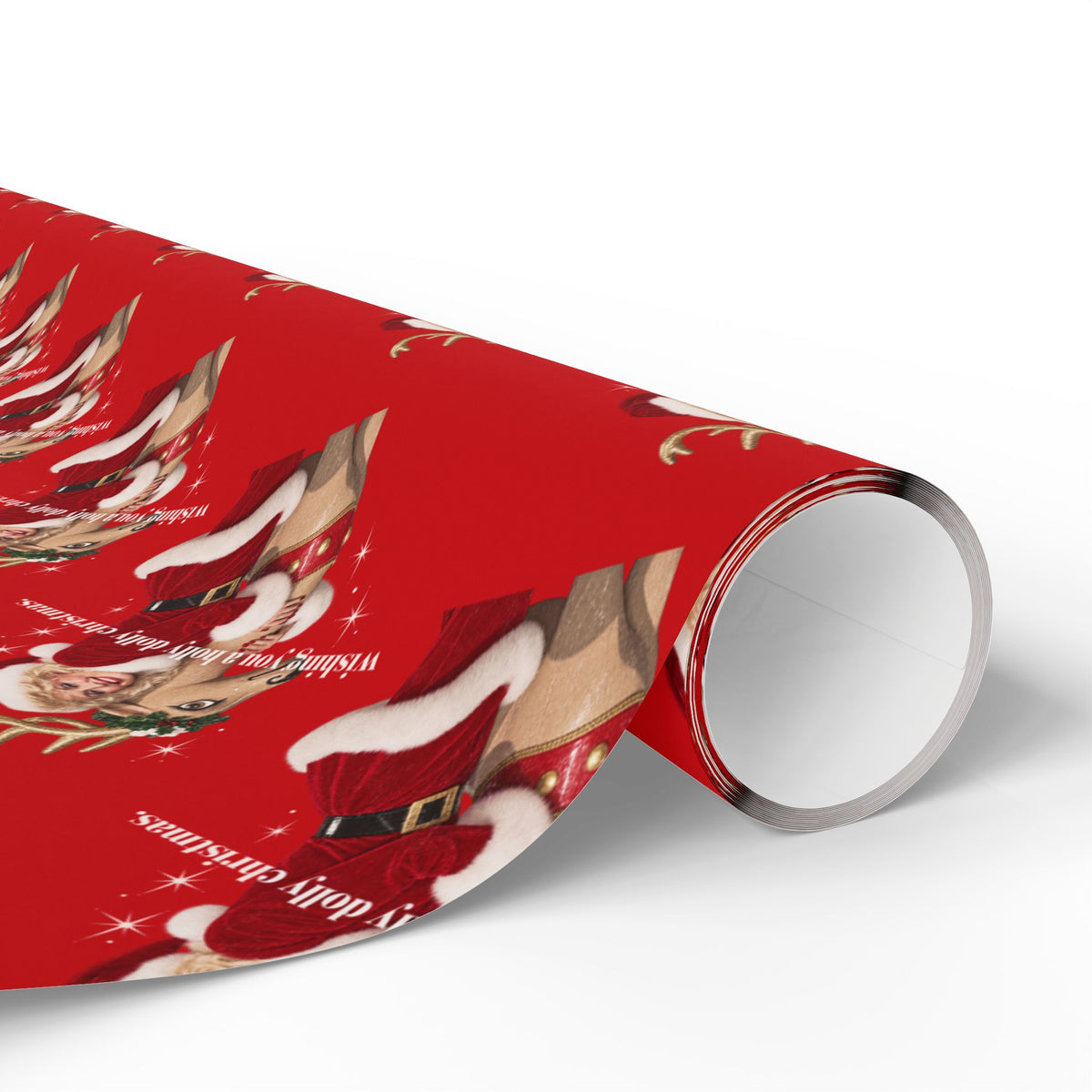 Wishing You A Holly Dolly Christmas Reindeer Wrapping Paper | Red Holiday Christmas Paper