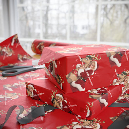 Wishing You A Holly Dolly Christmas Reindeer Wrapping Paper | Red Holiday Christmas Paper