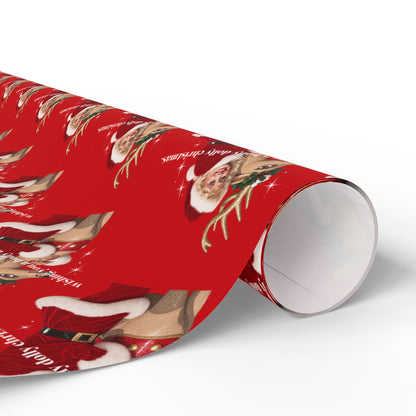 Wishing You A Holly Dolly Christmas Reindeer Wrapping Paper | Red Holiday Christmas Paper