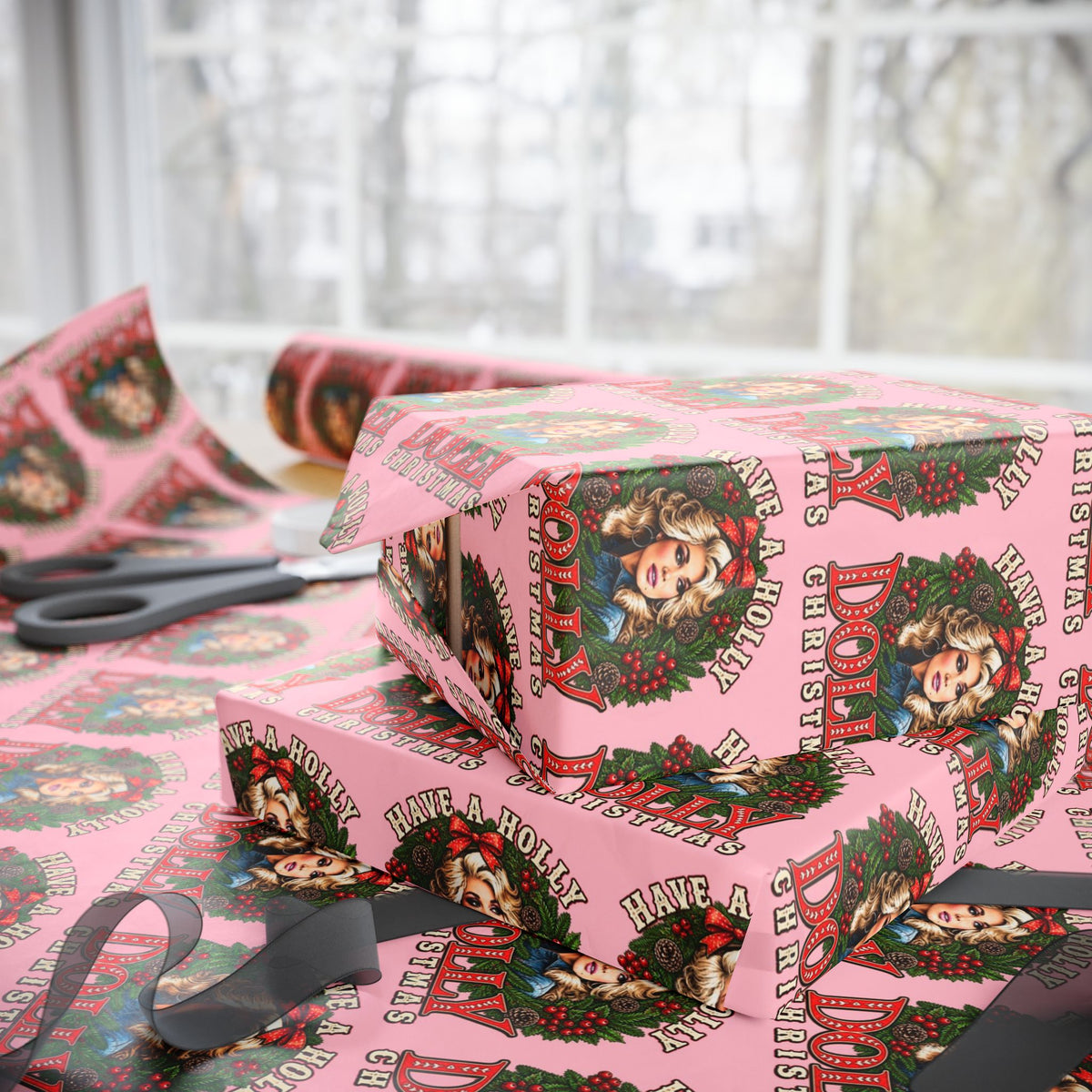 Have A Holly Dolly Christmas Wreath Portrait Wrapping Paper | Christmas Pattern