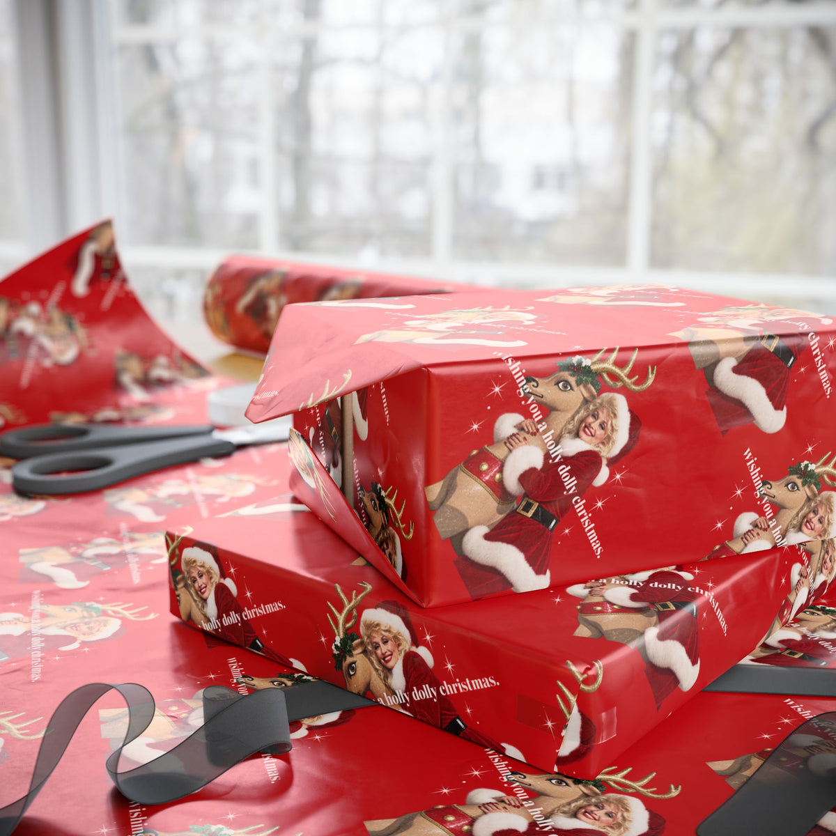 Wishing You A Holly Dolly Christmas Reindeer Wrapping Paper | Red Holiday Christmas Paper