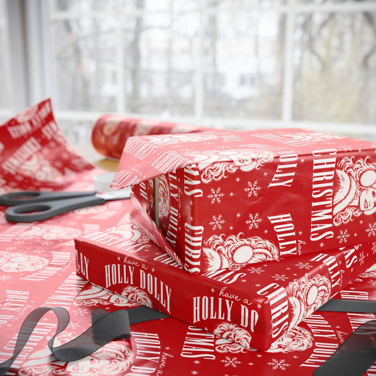 Holly Dolly Christmas Vintage Portrait Wrapping Paper | Red Christmas Holiday Gift Wrap Roll