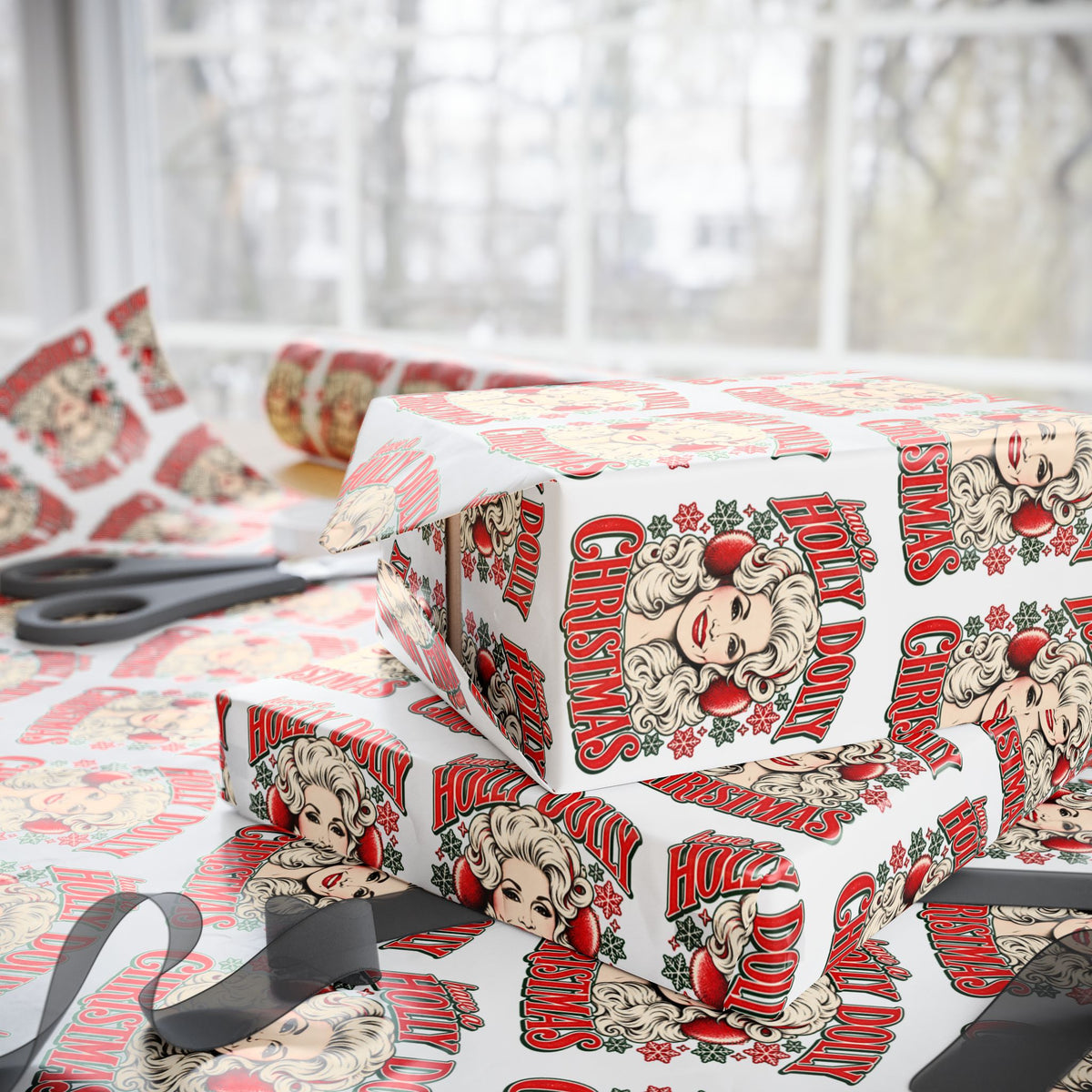 Holly Dolly Christmas Retro Holiday Portrait Wrapping Paper