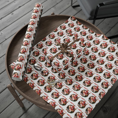 Santa Wreath Pattern Wrapping Paper | Holiday Christmas Gift Wrap Roll