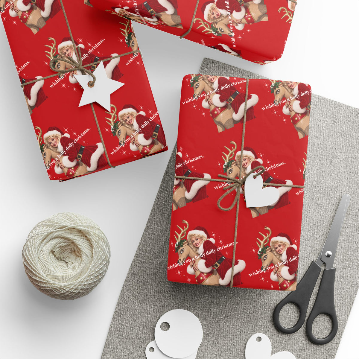 Wishing You A Holly Dolly Christmas Reindeer Wrapping Paper | Red Holiday Christmas Paper