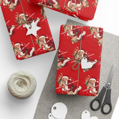 Wishing You A Holly Dolly Christmas Reindeer Wrapping Paper | Red Holiday Christmas Paper