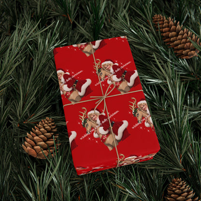 Wishing You A Holly Dolly Christmas Reindeer Wrapping Paper | Red Holiday Christmas Paper