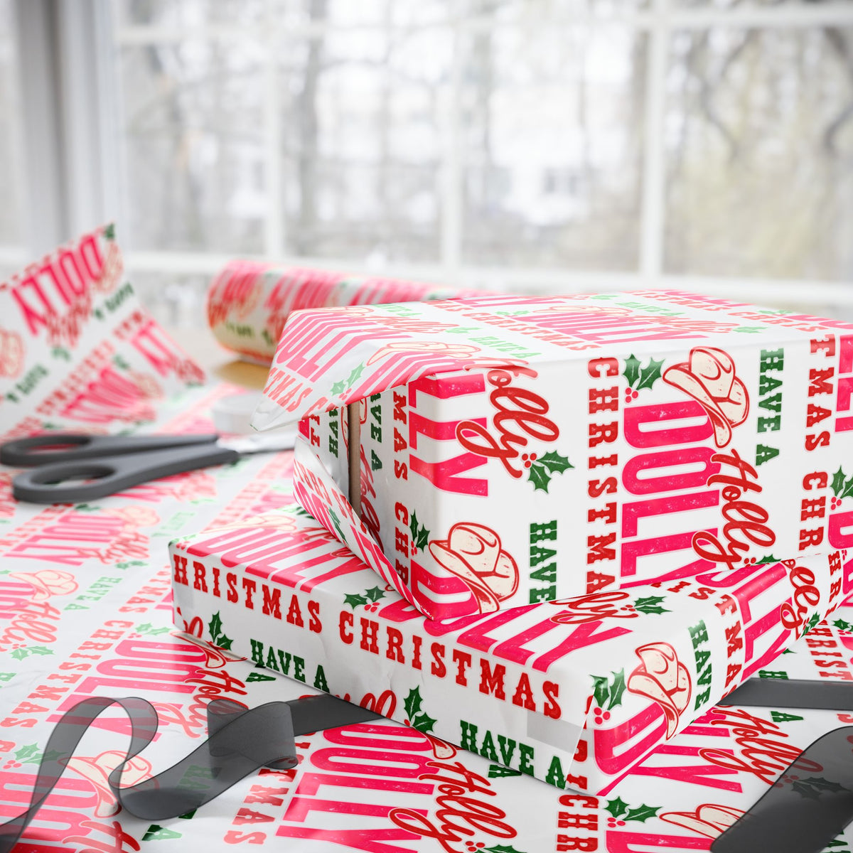 Have A Holly Dolly Christmas Cowgirl Hat Wrapping Paper
