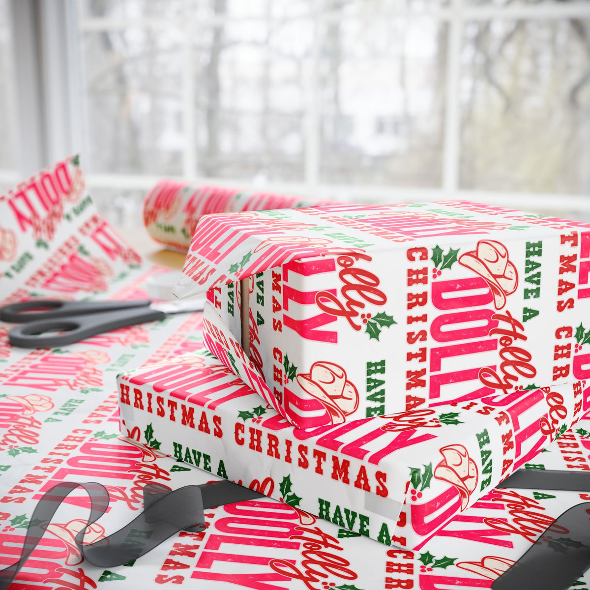 Have A Holly Dolly Christmas Cowgirl Hat Wrapping Paper