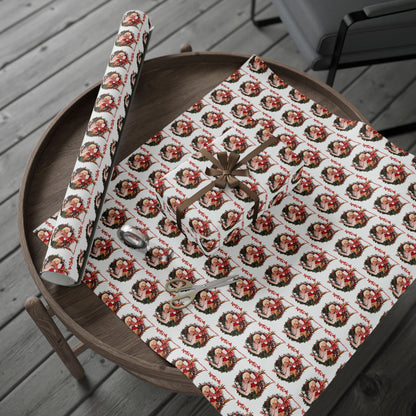 Santa Wreath Pattern Wrapping Paper | Holiday Christmas Gift Wrap Roll