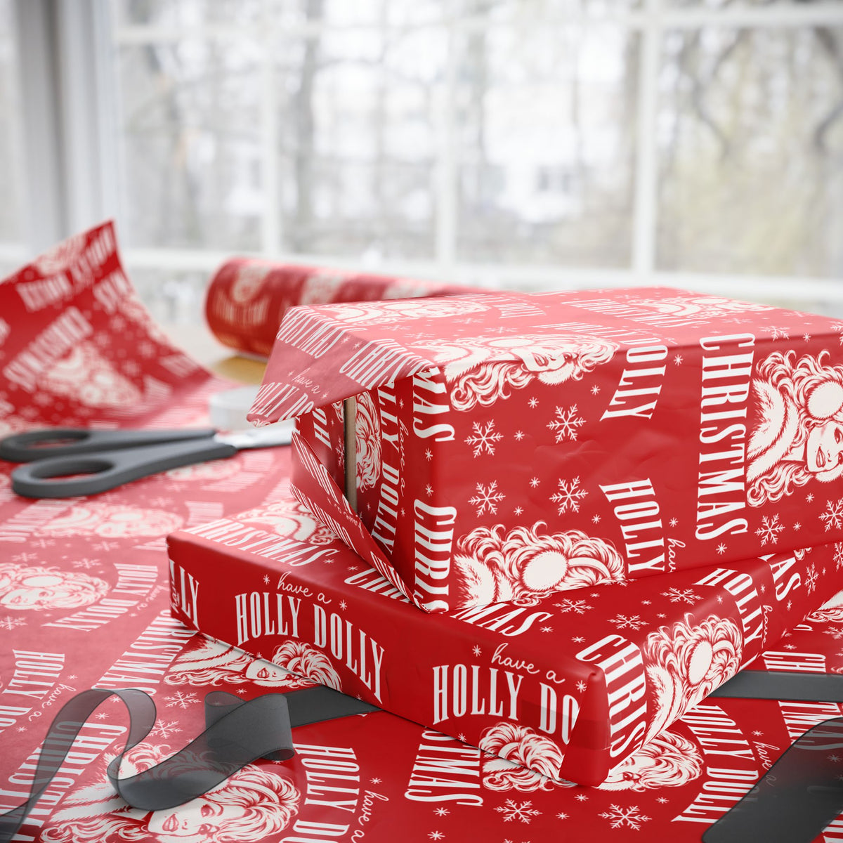 Holly Dolly Christmas Vintage Portrait Wrapping Paper | Red Christmas Holiday Gift Wrap Roll