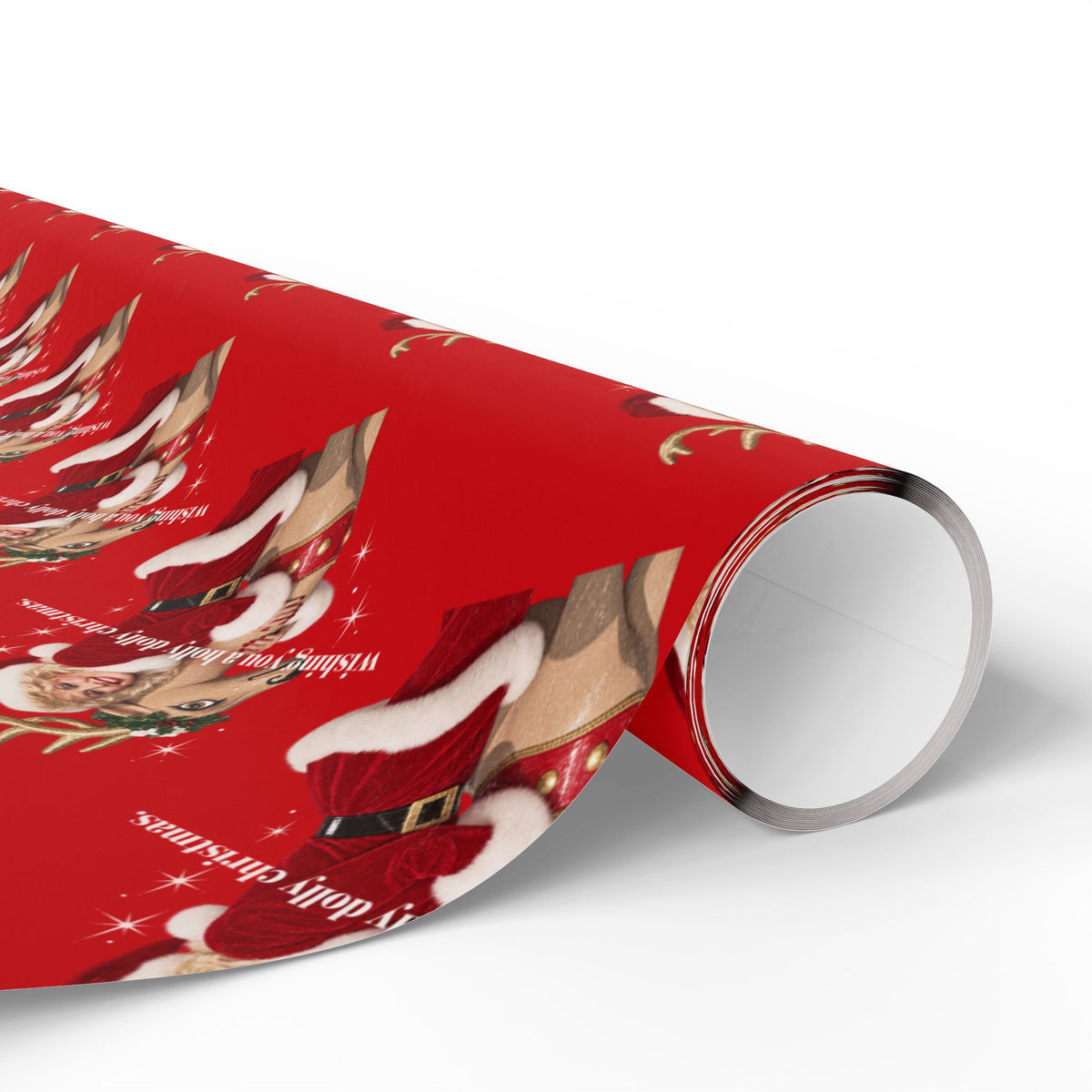 Wishing You A Holly Dolly Christmas Reindeer Wrapping Paper | Red Holiday Christmas Paper