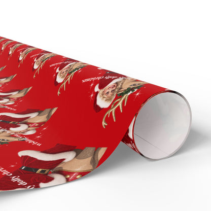 Wishing You A Holly Dolly Christmas Reindeer Wrapping Paper | Red Holiday Christmas Paper