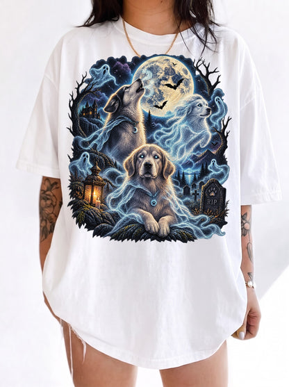 Three Ghost Dogs Haunted Moon Halloween T-Shirt, Y2K Retro Graphic Tee, 90s Spooky Streetwear, To The Moon