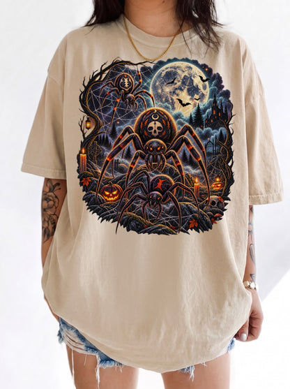 Moonlit Spider Graveyard Halloween T-Shirt, Y2K Gothic Horror Graphic Tee, 90s Retro Streetwear, To The Moon
