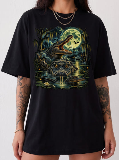 Moonlit Alligator Swamp Horror Halloween T-Shirt, Y2K Retro Graphic Tee, 90s Horror Streetwear, To The Moon