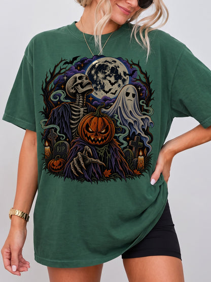 Skeleton Pumpkin Head Ghost Moon Halloween T-Shirt, Three Wolf Moon Parody, Y2K Retro Horror Outfit, Trendy Streetwear Graphic Tee