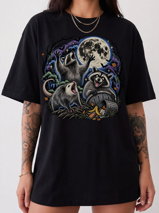 Raccoons Under the Moon Retro Halloween T-Shirt, Three Wolf Moon Parody, Y2K Vintage Outfit Aesthetic, Trendy Streetwear Graphic Tee