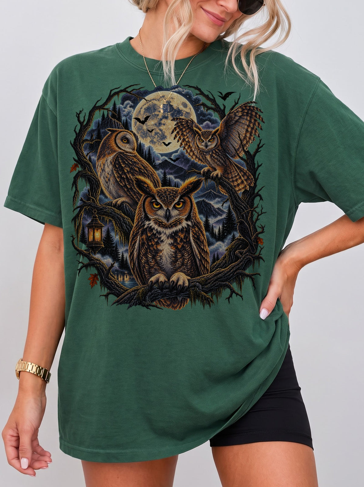 Gothic Moonlit Owl Trio Halloween T-Shirt, Y2K Witchy Graphic Tee, 90s Retro Gothic Streetwear, To The Moon