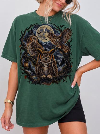 Gothic Moonlit Owl Trio Halloween T-Shirt, Y2K Witchy Graphic Tee, 90s Retro Gothic Streetwear, To The Moon