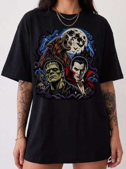 Classic Monsters Trio Moon Halloween T-Shirt, Three Wolf Moon Parody, Y2K Retro Horror Outfit, Trendy Streetwear Graphic Tee
