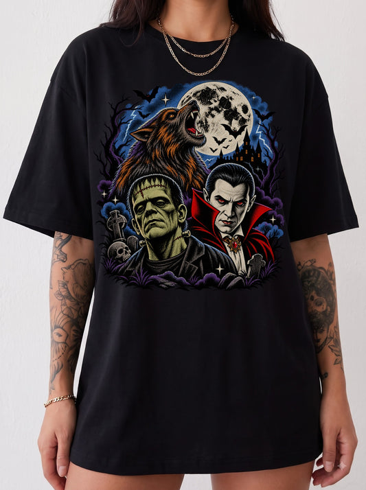 Classic Monsters Trio Moon Halloween T-Shirt, Three Wolf Moon Parody, Y2K Retro Horror Outfit, Trendy Streetwear Graphic Tee