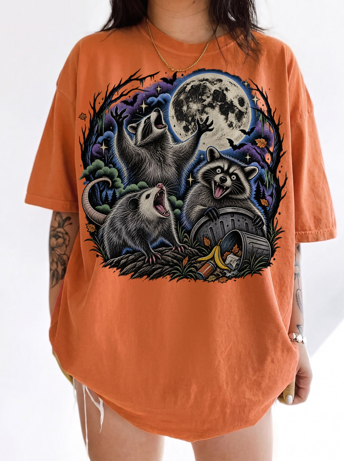 Raccoons Under the Moon Retro Halloween T-Shirt, Three Wolf Moon Parody, Y2K Vintage Outfit Aesthetic, Trendy Streetwear Graphic Tee
