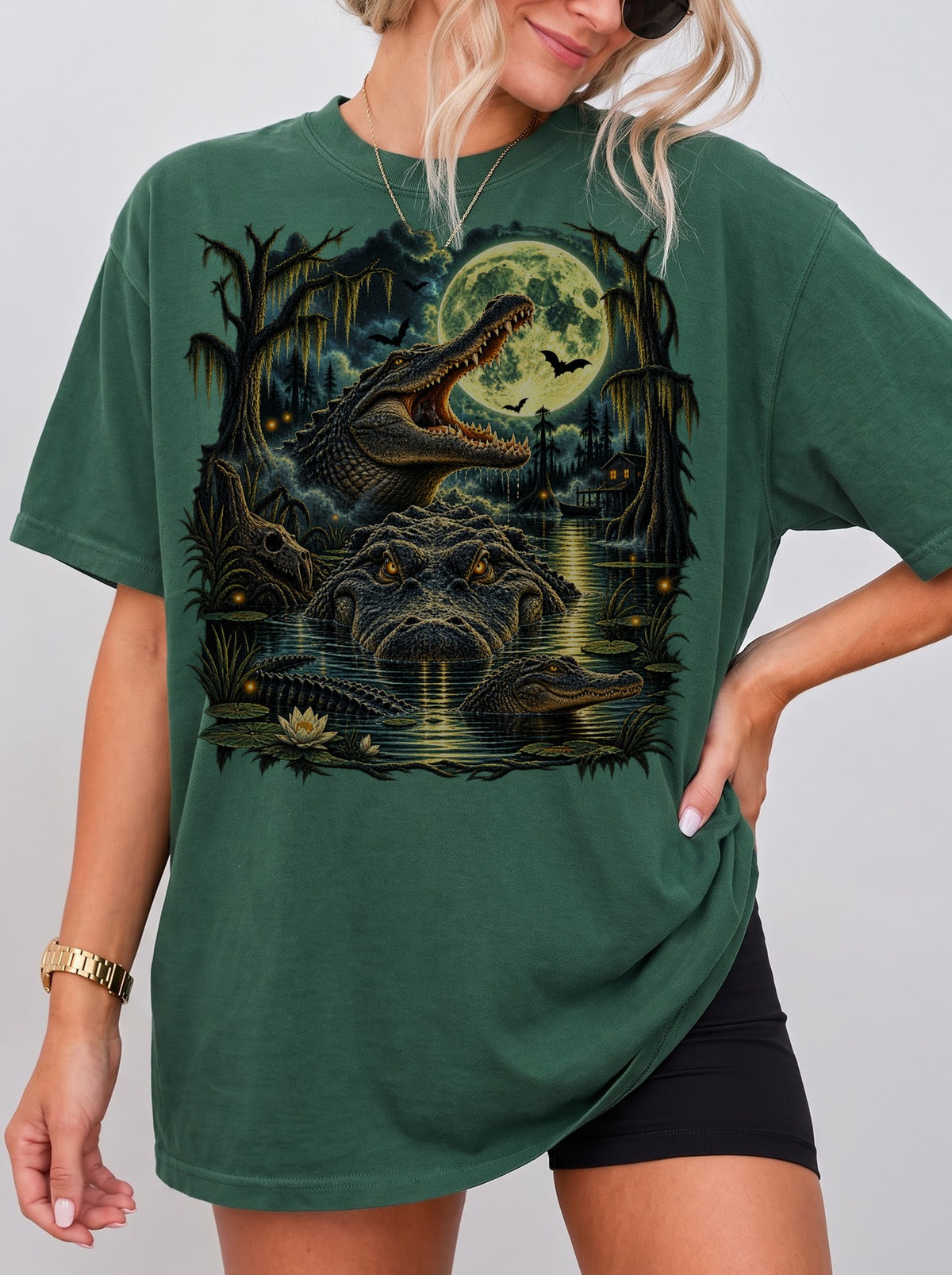 Moonlit Alligator Swamp Horror Halloween T-Shirt, Y2K Retro Graphic Tee, 90s Horror Streetwear, To The Moon