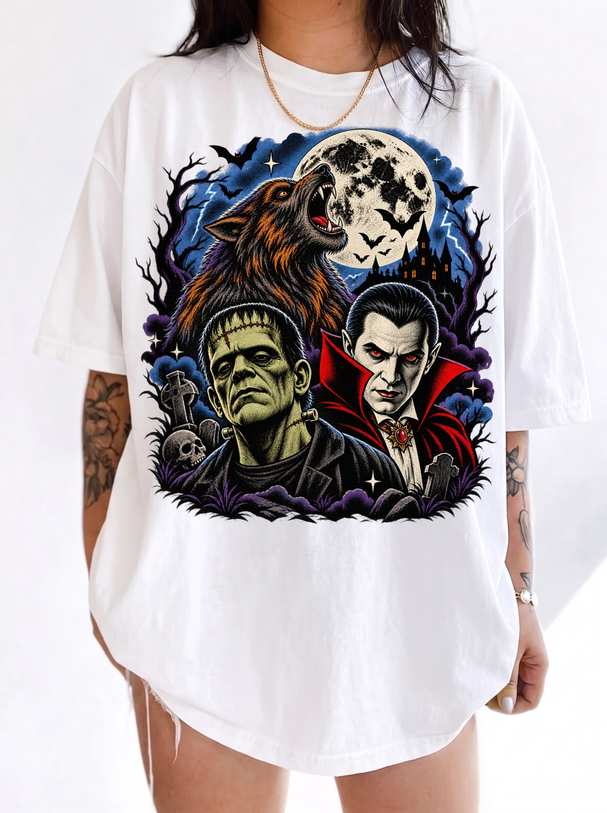 Classic Monsters Trio Moon Halloween T-Shirt, Three Wolf Moon Parody, Y2K Retro Horror Outfit, Trendy Streetwear Graphic Tee