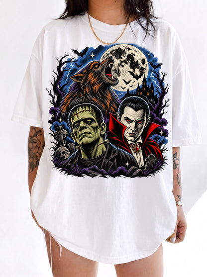 Classic Monsters Trio Moon Halloween T-Shirt, Three Wolf Moon Parody, Y2K Retro Horror Outfit, Trendy Streetwear Graphic Tee