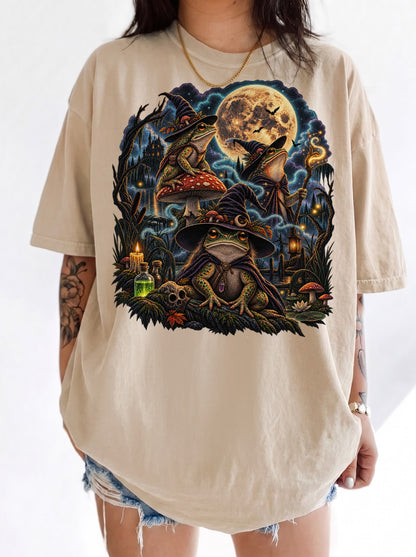 Enchanted Swamp Frog Coven Halloween T-Shirt, Y2K Witchy Graphic Tee, 90s Retro Spooky Streetwear, To The Moon