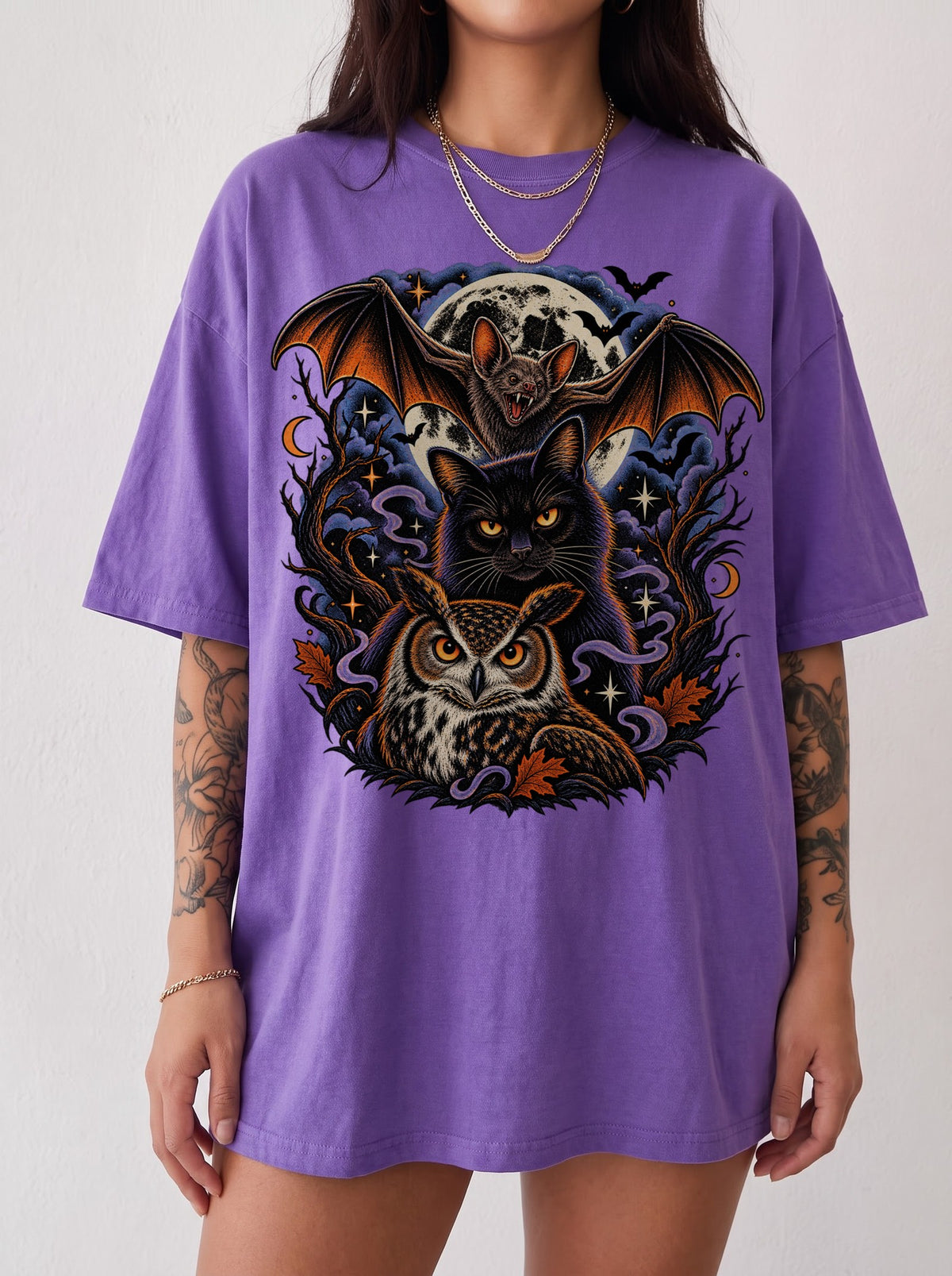 Vampire Bat Black Cat Owl Moon Halloween T-Shirt, Three Wolf Moon Parody, Y2K Retro Gothic Outfit, Trendy Streetwear Graphic Tee