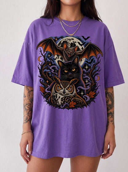 Vampire Bat Black Cat Owl Moon Halloween T-Shirt, Three Wolf Moon Parody, Y2K Retro Gothic Outfit, Trendy Streetwear Graphic Tee