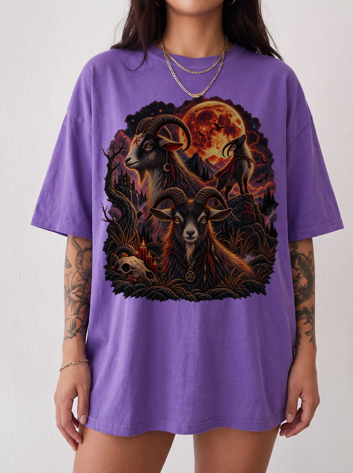 Occult Goats Blood Moon Halloween T-Shirt, Y2K Gothic Graphic Tee, 90s Retro Occult Streetwear, To The Moon