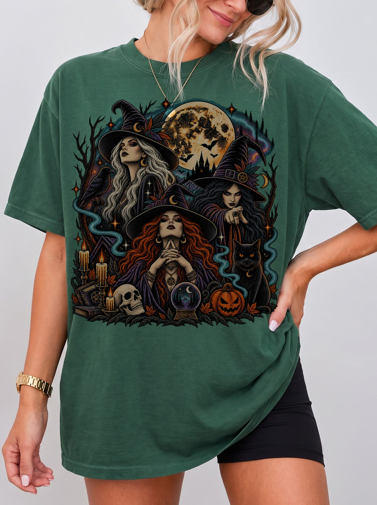 Three Witches Under the Moon Halloween T-Shirt, Three Wolf Moon Parody, Y2K Retro Witchy Outfit, Trendy Streetwear Graphic Tee