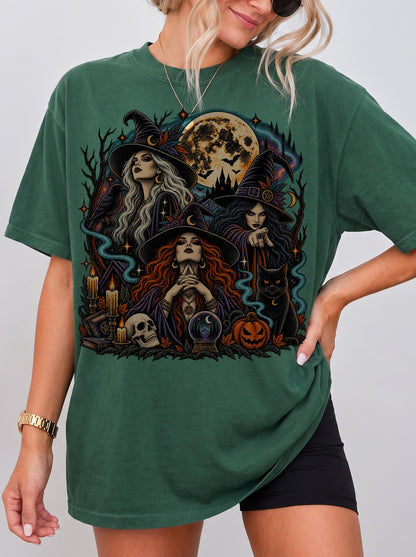 Three Witches Under the Moon Halloween T-Shirt, Three Wolf Moon Parody, Y2K Retro Witchy Outfit, Trendy Streetwear Graphic Tee