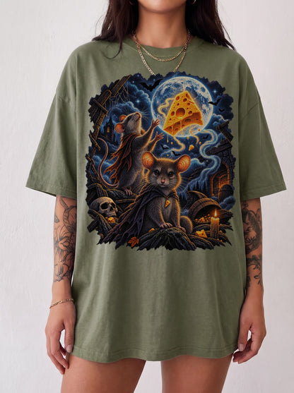 Moonlit Mice Haunted Cheese Halloween T-Shirt, Y2K Retro Funny Graphic Tee, 90s Animal Streetwear, To The Moon