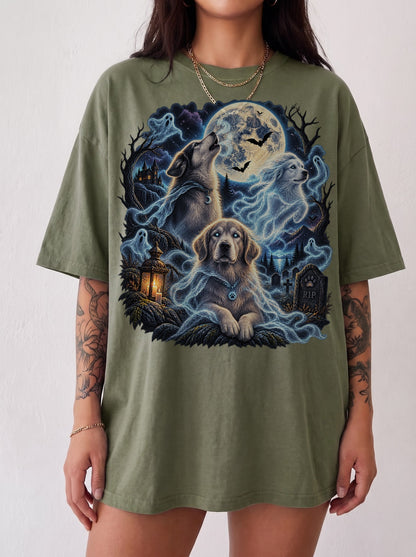 Three Ghost Dogs Haunted Moon Halloween T-Shirt, Y2K Retro Graphic Tee, 90s Spooky Streetwear, To The Moon