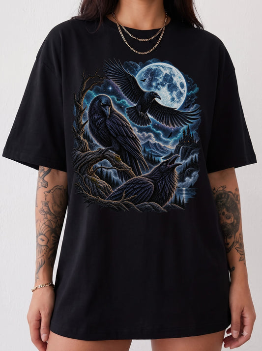 Moonlit Ravens Gothic Valley Halloween T-Shirt, Y2K Dark Graphic Tee, 90s Retro Gothic Streetwear, To The Moon