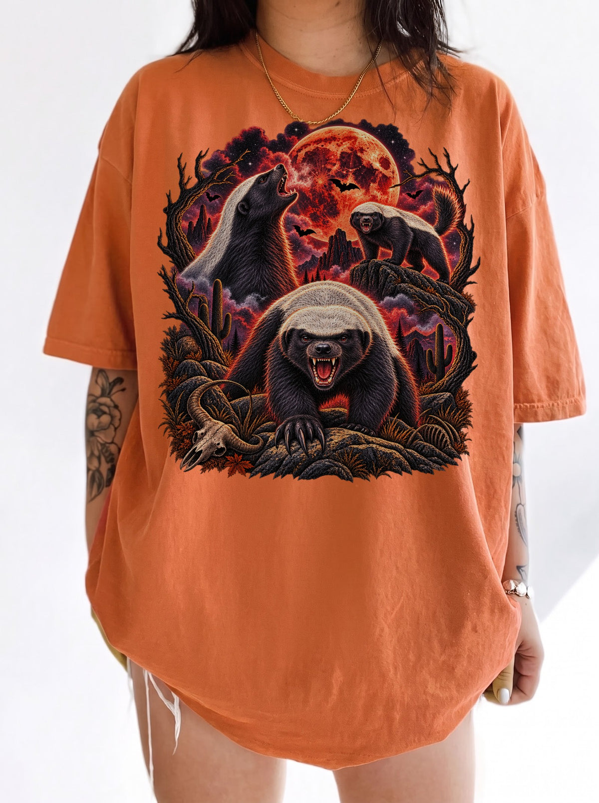 Blood Moon Honey Badger Trio Halloween T-Shirt, Y2K Retro Animal Graphic Tee, 90s Spooky Streetwear, To The Moon