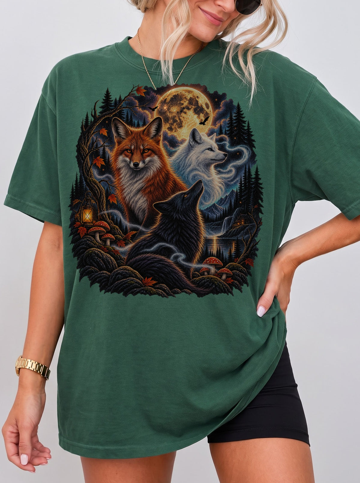 Moonlit Foxes Enchanted Forest Halloween T-Shirt, Y2K Retro Animal Graphic Tee, 90s Gothic Streetwear, To The Moon