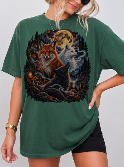 Moonlit Foxes Enchanted Forest Halloween T-Shirt, Y2K Retro Animal Graphic Tee, 90s Gothic Streetwear, To The Moon