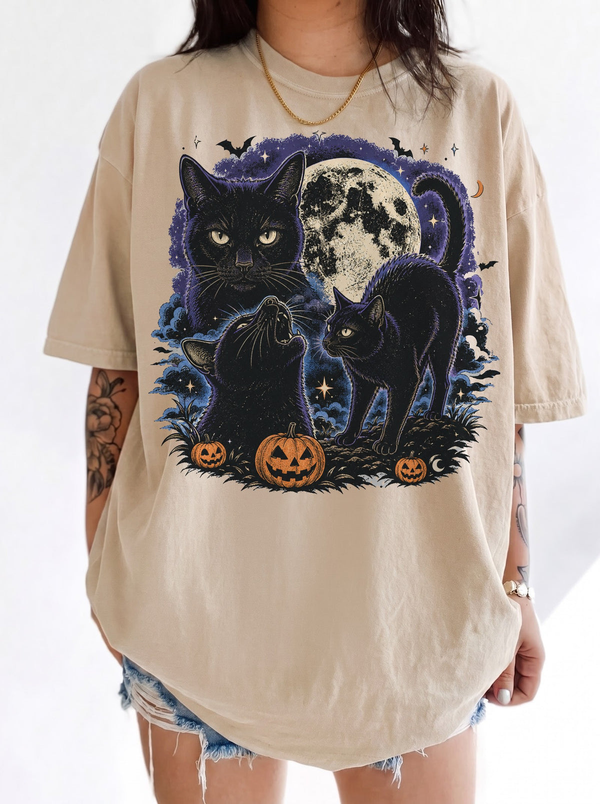 3 Black Cats Jack-o’-Lantern Moon Halloween T-Shirt, Three Wolf Moon Parody, Y2K Retro Outfit, Trendy Streetwear Graphic Tee