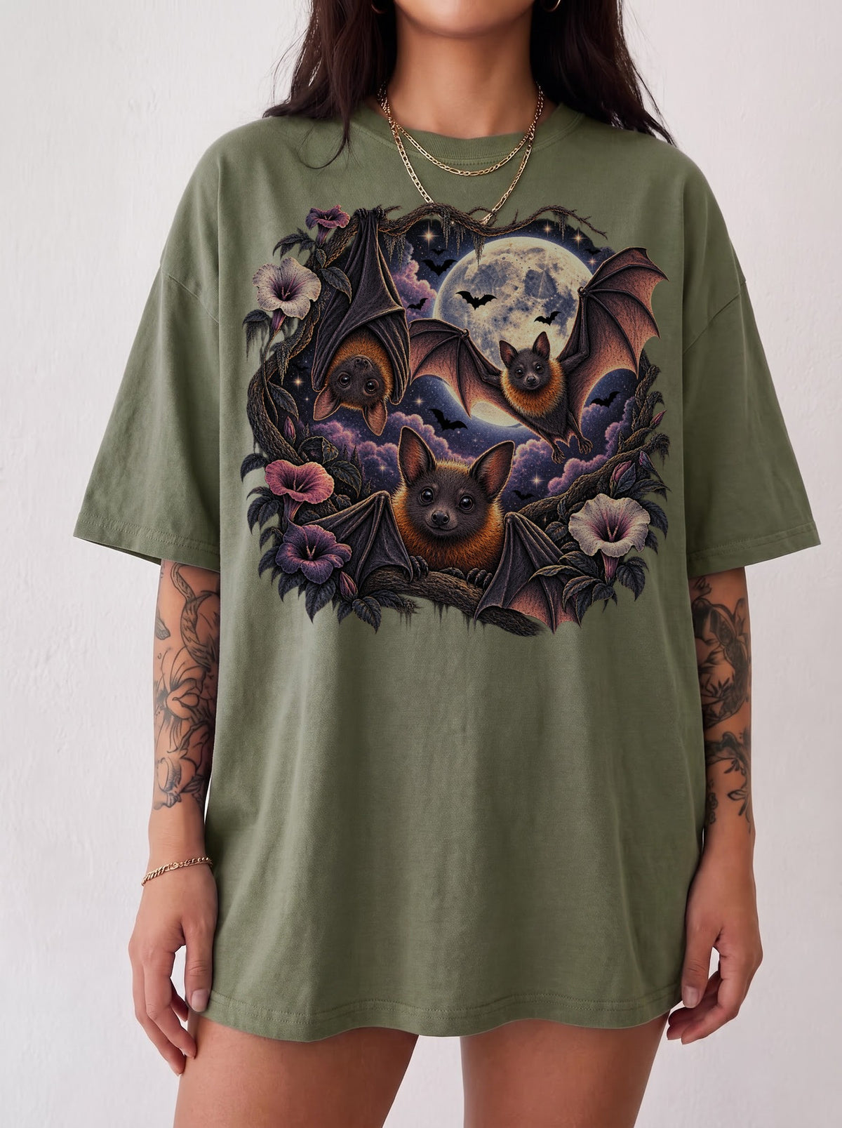 Moonlit Bats Twisted Blooms Halloween T-Shirt, Y2K Gothic Graphic Tee, 90s Retro Streetwear, To The Moon