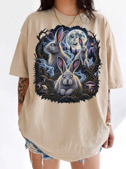 Moonlit Spectral Rabbit Forest Halloween T-Shirt, Y2K Gothic Graphic Tee, 90s Retro Spooky Aesthetic, To The Moon