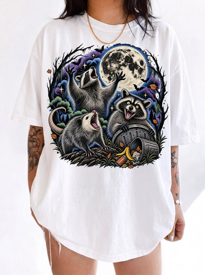 Raccoons Under the Moon Retro Halloween T-Shirt, Three Wolf Moon Parody, Y2K Vintage Outfit Aesthetic, Trendy Streetwear Graphic Tee