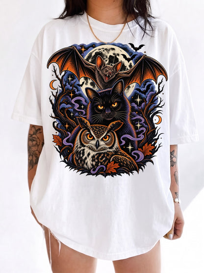 Vampire Bat Black Cat Owl Moon Halloween T-Shirt, Three Wolf Moon Parody, Y2K Retro Gothic Outfit, Trendy Streetwear Graphic Tee